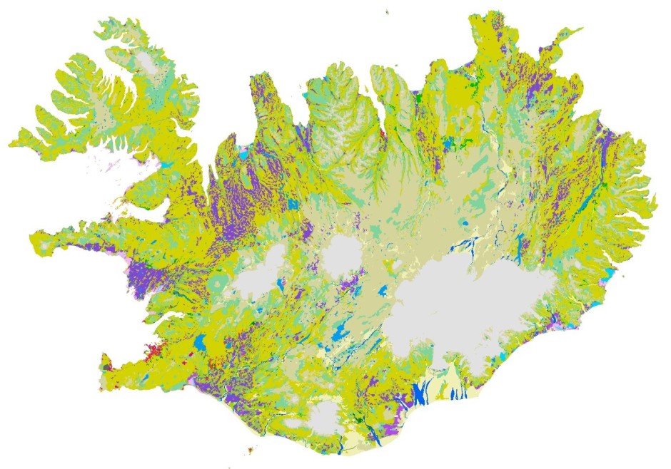 Niðurstöður CORINE-flokkunarinnar 2012. Stærstu flokkarnir eru 1) Mólendi mosi og kjarr (í gulgrænum lit), 2) Ógróið land (grábrúnt, aðallega á hálendinu, en ógrónir sandar eru gulbrúnir), 3) Lítt gróið land (fölgrænt) og 4) Jöklar (ljósgráir). Votlendi er í fjólubláum lit og vatn er blátt, þéttbýli er í rauðum lit. 