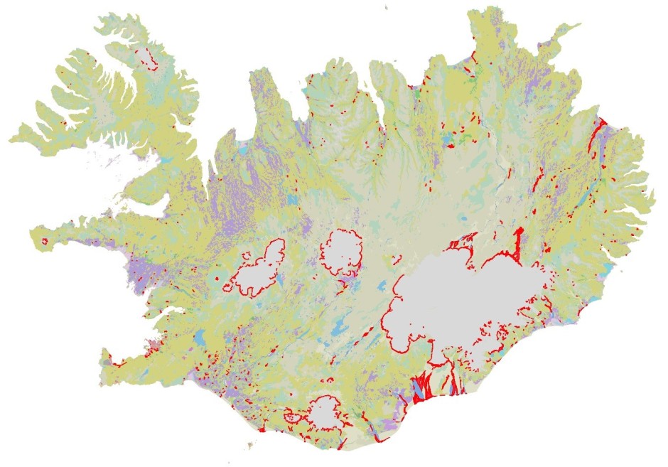 Breytingar á landgerðum og landnotkun á Íslandi 2006 – 2012 kortlagðar með rauðum lit. Helstu breytingarnar eru þær að jöklar minnka og jökulár breyta um farvegi. Einnig þenst þéttbýlið út (einkum á suð-vesturhorninu) og sumarbústaðalönd og skógræktarsvæði stækka. Áberandi breyting á landnotkun verður einnig með tilkomu Hálslóns norðan Vatnajökuls sem er yfir 60 km2 að stærð. 