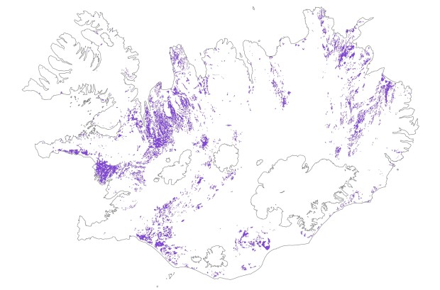 Útbreiðsla votlendis á Íslandi samkvæmt CORINE-flokkuninni 2012. Minnstu kortlögðu blettir eru 25 ha og mjóstu fyrirbæri 100 m á breidd.