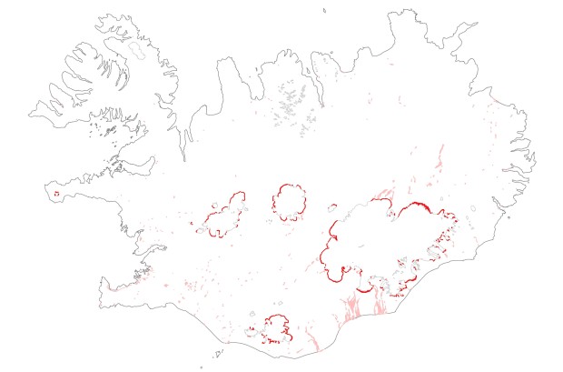 Breytingar 2006-2012. Landgerðabreytingar 2006 – 2012 samkvæmt CORINE-flokkuninni. Jöklabreytingar eru settar fram með sterkum rauðum lit en aðrar breytingar eru sýndar með daufbleikum lit. Líkt og fyrir tímabiluð 2000 – 2006 eru helstu breytingar hér rýrnun jöklanna og breytingar á farvegum nokkurra helstu jökulánna á söndunum sunnan og norðan Vatnajökuls. Ein annars konar áberandi breyting er tilkoma Hálslóns norðan Vatnajökuls.