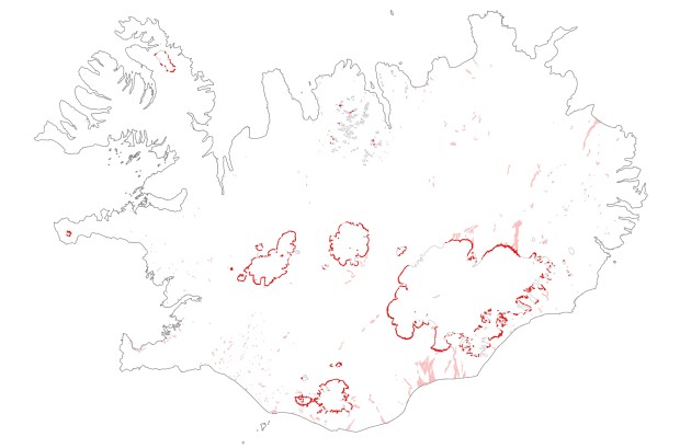 Breytingar 2000-2006. Landgerðabreytingar 2000 – 2006 samkvæmt CORINE-flokkuninni. Jöklabreytingar eru settar fram með sterkum rauðum lit en aðrar breytingar eru sýndar með daufari bleikum lit. Helstu breytingar aðrar en hop jökuljaðra eru breytingar á farvegum jökulfljóta á Suðurlandi og norðan Vatnajökuls.