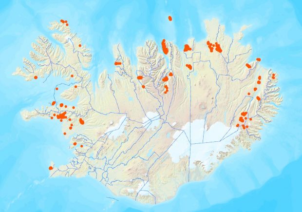 Á kortinu sést dreifing nýrra örnefna sem sett hafa verið inn örnefnagrunninn milli útgáfa á þessu ári. Þar sem þéttleikinn er hvað mestur eru heimamenn duglegir í örnefnaskráningu.